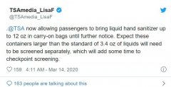上海機(jī)場-美國TSA:疫情期間旅客可攜帶不超過354毫升的洗手液
